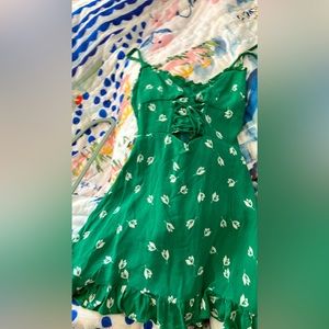 EUC Reformation Green & White Mini Dress with Corset top and ruching